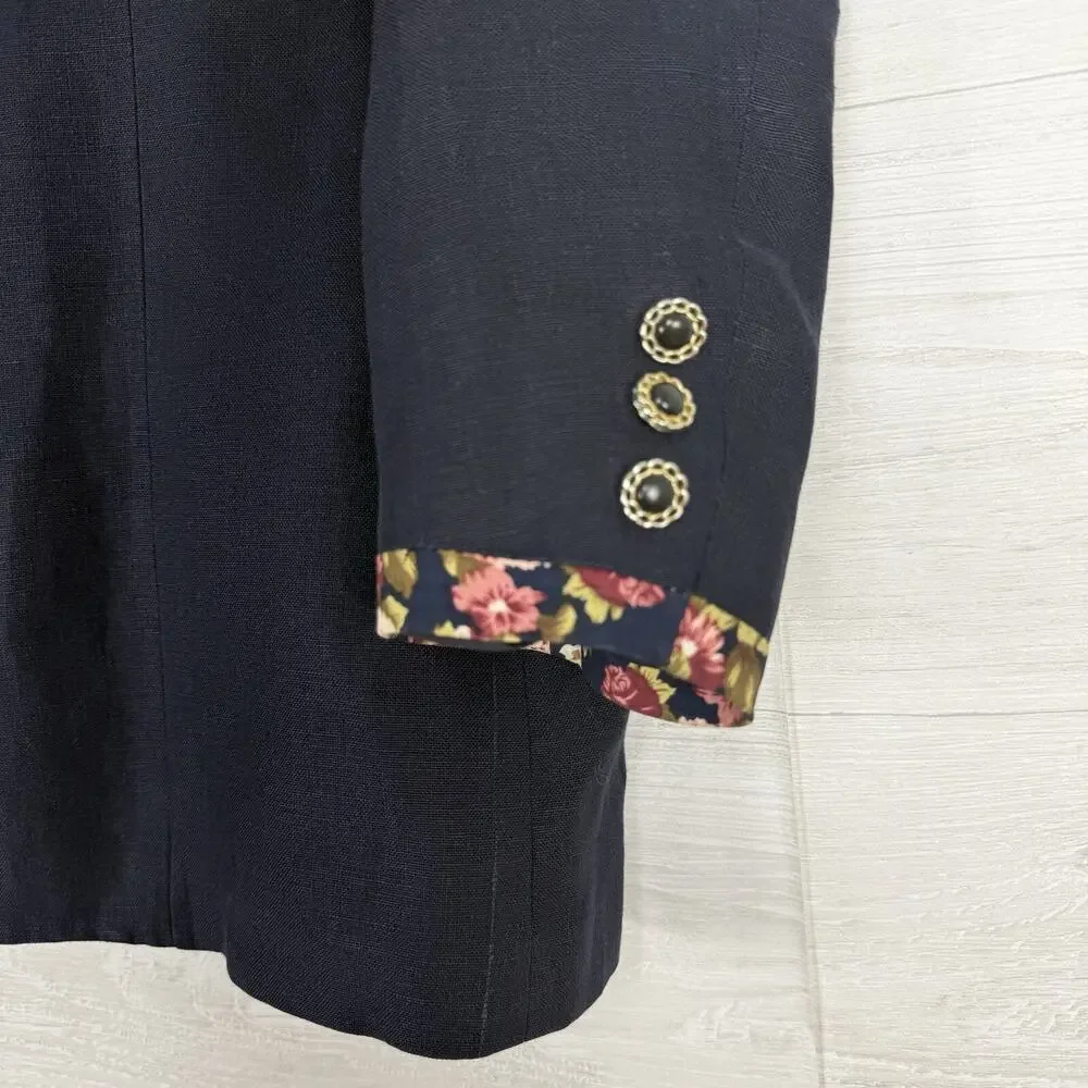 Hernando Trujillo Linen Blazer Jacket Women 8 Navy Floral‎ Trim Preppy Spring